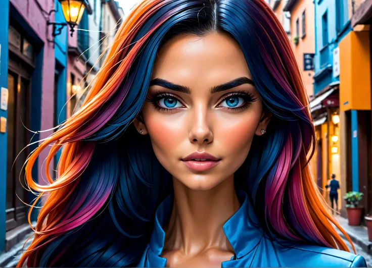 Uma linda mulher, highlighted in vibrant colors like a colored pencil drawing, tirando o cabelo do rosto. The woman is very well dressed in a mix of blue tones, rosa e laranja, com detalhes intrincados destacando suas vestes. All around her are splashes of...