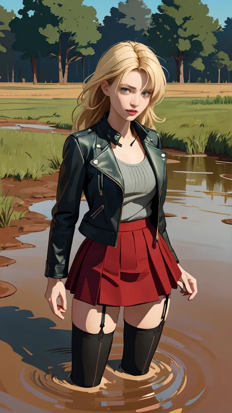 (Vector image:1.3) of (Simple illustration:1.3), woman in a leather jacket, skirt, over-knee fuck-me boots,  stockings with garters, drowning herself off in a quicksand bog, provocative, horny, standing, red, green, blue, black