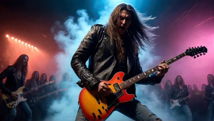 A rockstar guitarist performing on stage, electric guitar, long hair, ripped jeans, leather jacket, dramatic lighting, fog machine, smokey atmosphere, electric guitar shredding, intense facial expression, crowd cheering, neon signs, vibrant colors, pop art...