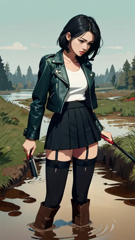 (Vector image:1.3) of (Simple illustration:1.3), woman in a leather jacket, skirt, over-knee sexy boots,  stockings with garters, drowning herself off in a quicksand bog, provocative, horny, standing, red, green, blue, black