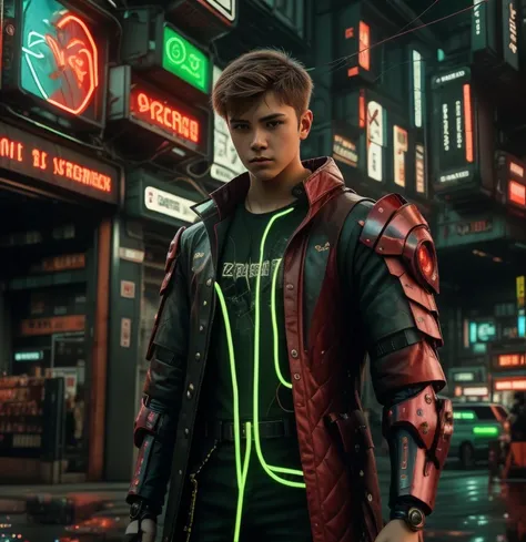 full-length hyperrealistic photograph of a 1 boy, 20 years old, cyberpunk archer, with cyberpunk technological armor, neon light...