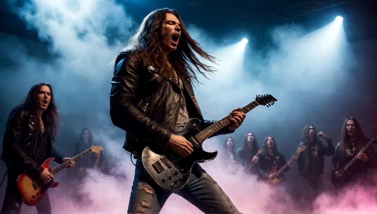 A rockstar guitarist performing on stage, electric guitar, long hair, ripped jeans, leather jacket, dramatic lighting, fog machine, smokey atmosphere, electric guitar shredding, intense facial expression, crowd cheering, neon signs, vibrant colors, pop art...