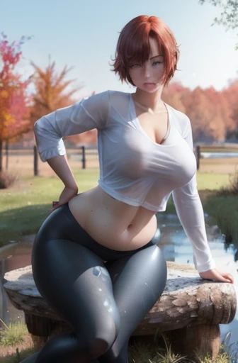 (ultra realistic, highly detailed:1.4), best quality, masterpiece
redhead girl, sitting on a stump, tall, curvy, pear shaped,chubby round belly, bottom heavy,  navy blue leggings, belt, flowing white shirt, short hair
((longtorso, ltso):1.1)