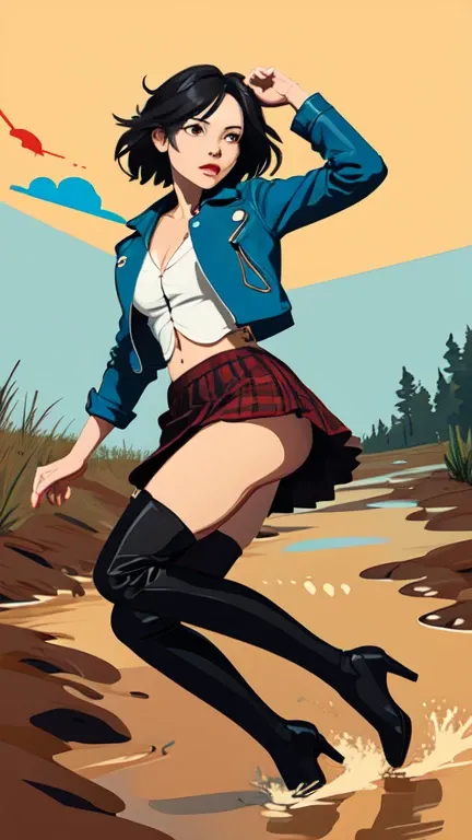 (Vector image:1.3) of (Simple illustration:1.3), woman in a leather jacket, skirt, over-knee boots,  stockings with garters, drowning herself off in a quicksand bog, provocative, sexy, horny, red, green, blue, black, heels