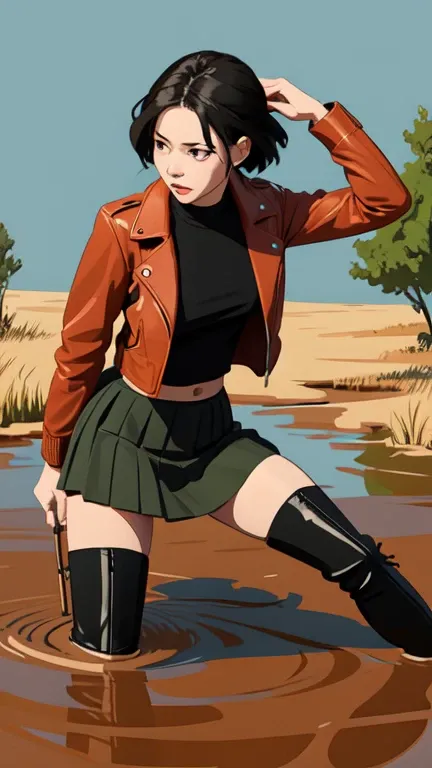 (Vector image:1.3) of (Simple illustration:1.3), woman in a leather jacket, skirt, over-knee boots,  stockings with garters, drowning herself off in a quicksand bog, provocative, dry-humping, horny, red, green, blue, black