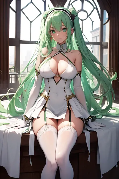 (girl1), (anime), white, with long green hair, an 18 year old woman, with white stockings and a sexy dress, wearing a heroine costume consisting of a white sleeveless swimsuit, white spiked gloves and metal plates on her waist and feet, look at the size of...