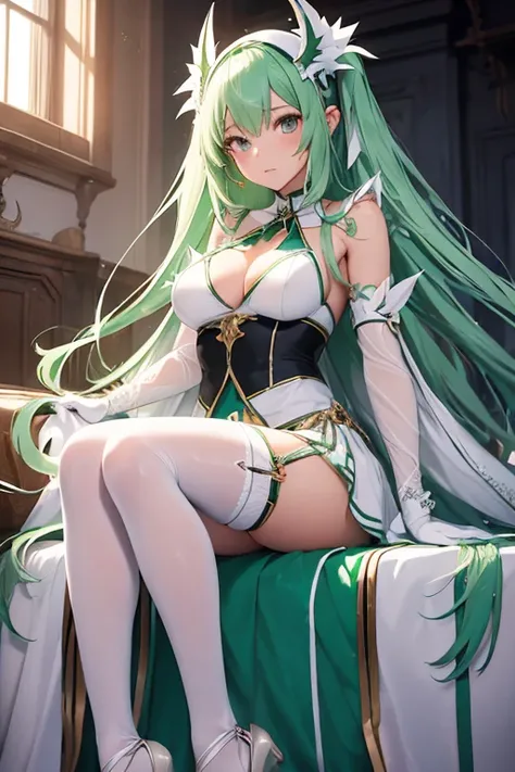 (girl1), (anime), white, with long green hair, an 18 year old woman, with white stockings and a sexy dress, wearing a heroine costume consisting of a white sleeveless swimsuit, white spiked gloves and metal plates on her waist and feet, look at the size of...