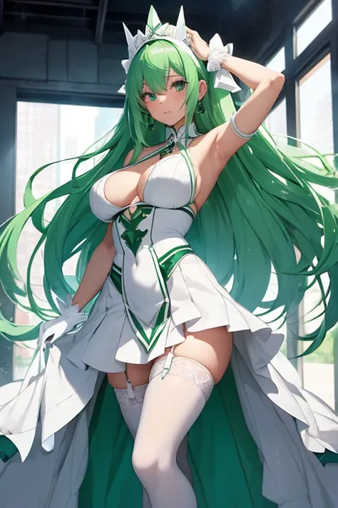 (girl1), (anime), white, with long green hair, an 18 year old woman, with white stockings and a sexy dress, wearing a heroine costume consisting of a white sleeveless swimsuit, white spiked gloves and metal plates on her waist and feet, look at the size of...