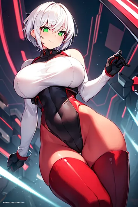 1girl, white hair, very short hair, red bodysuit, bodysuit, green eyes, futuristic, machinery, science-fiction, huge breasts, toned, breasts, thick thighs, smile, thighhighs, black thighhighs, ((black thighhighs)), neon trim, neon, neon lights, ((red bodys...