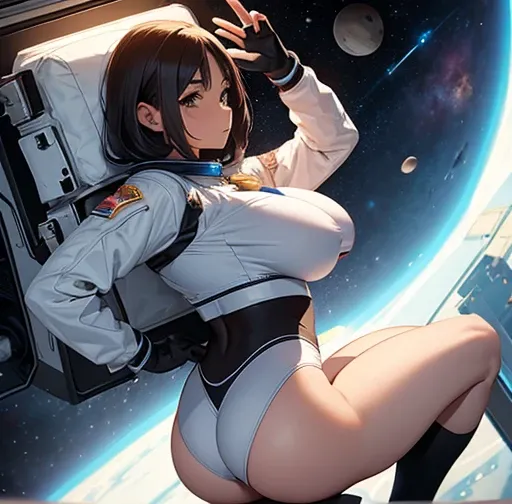 Big butt astronaut, with huge breast and a narrow waist in outer space