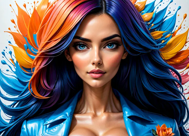 Uma linda mulher, highlighted in vibrant colors like a colored pencil drawing, tirando o cabelo do rosto. The woman is very well dressed in a mix of blue tones, rosa e laranja, com detalhes intrincados destacando suas vestes. All around her are splashes of...