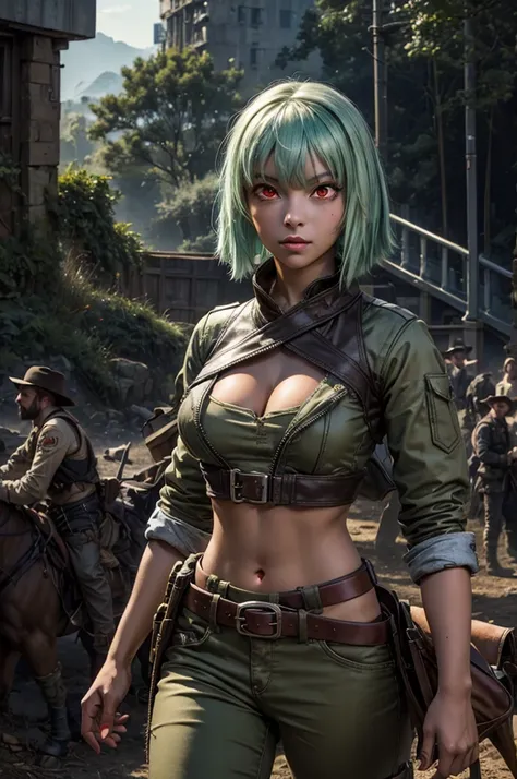 emeraldsustrai, emerald sustrai, short hair, (red eyes:1.5), green hair, dark skin, dark-skinned female, BREAK navel, cleavage, midriff, belt, cleavage cutout, chaps, BREAK city ruins on hill, in valley, mountains in background, waterfall, crowd, (crowd in...