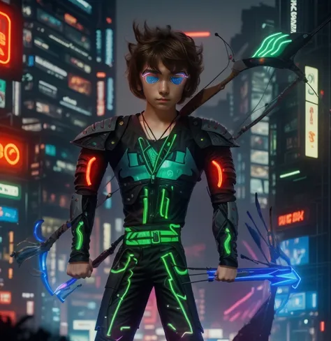 full-length hyperrealistic photograph of a 1 boy, 20 years old, cyberpunk archer, with cyberpunk technological armor, neon light...