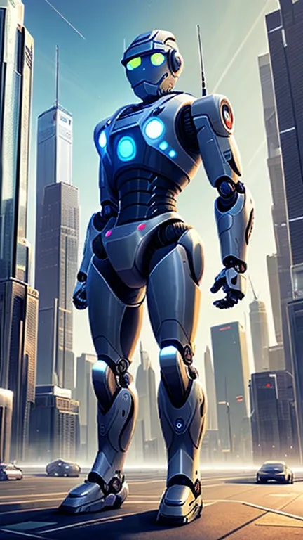 Robotic Guardian in a Futuristic Cityscape