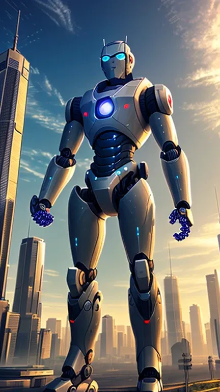 Robotic Guardian in a Futuristic Cityscape