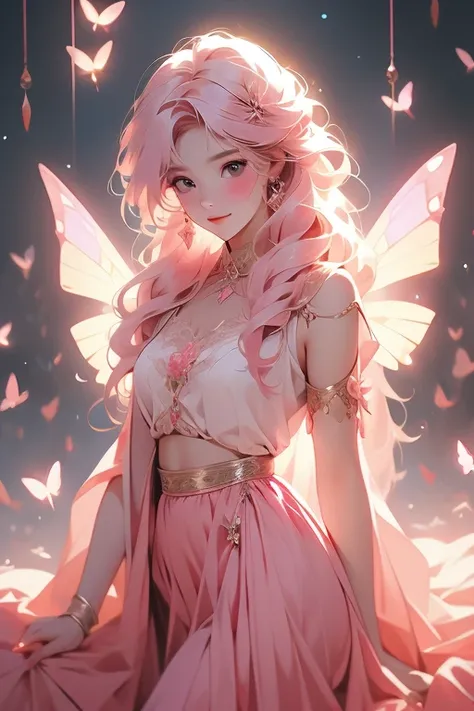 1girl, moth-girl, monster-girl, straight shoulder-long pink hair, pink moth wings, moth antennae, gentle smile, insect wings, hippie skirt, intricate blouse