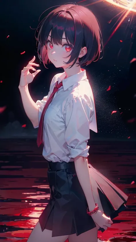 girl with short bob hair,Red eyes ,A shining heaven,Walking in heaven