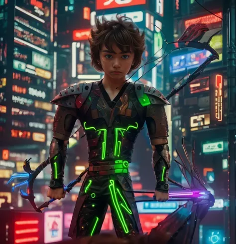 Full-length((  hyperrealistic photograph )) of a 1 boy, 20 years old, cyberpunk archer, with cyberpunk technological armor, neon lights effects, energy bow, energy arrows, short brown hairs, masterpiece, photorealistic, raw camera, uhd, 8k