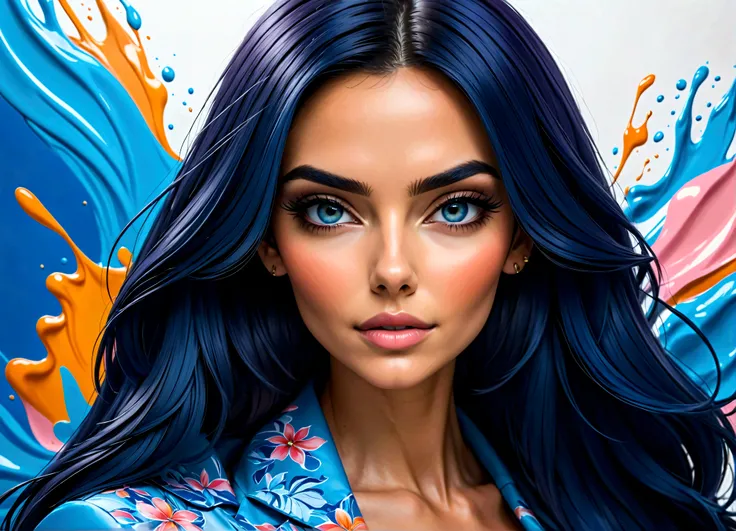 Uma linda mulher, highlighted in vibrant colors like a colored pencil drawing, tirando o cabelo do rosto. The woman is very well dressed in a mix of blue tones, rosa e laranja, com detalhes intrincados destacando suas vestes. All around her are splashes of...
