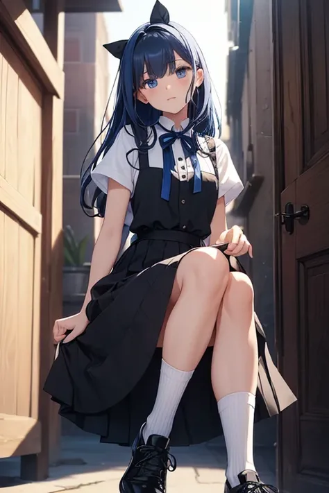 (1girl),(young man),(16 year old teenager),(Height 1.69cm),(pretty young man),(with dark blue hair, long and tied with a large white ribbon. - She has blue eyes and a friendly expression on her face,Charlene is),(dressed),+,(a black sleeveless blouse and a...