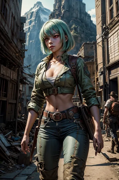 emeraldsustrai, emerald sustrai, short hair, (red eyes:1.5), green hair, dark skin, dark-skinned female, BREAK navel, cleavage, midriff, belt, cleavage cutout, chaps, BREAK walking, city ruins on hill, in valley, BREAK searching through ruins, mountains in...