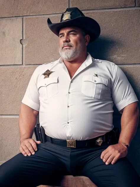 Only plump, chubby, extremely thick thighs, large belly, fat, masutepiece,High quality,Highly detailed,intense scene, solid, Gritty reality setting for 50 year old sexy fat bearded man,full of sweat,Full body,Big belly,((Wearing a white shirt and white tru...