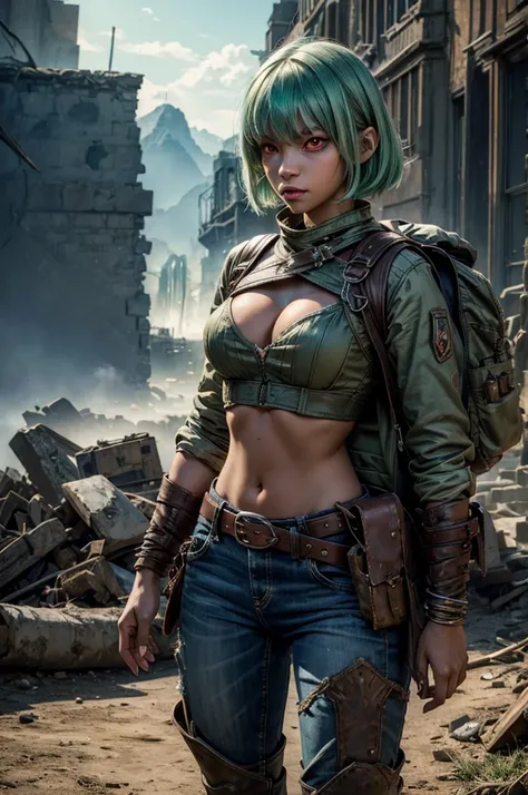 emeraldsustrai, emerald sustrai, short hair, (red eyes:1.5), green hair, dark skin, dark-skinned female, BREAK navel, cleavage, midriff, belt, cleavage cutout, chaps, back pack, BREAK walking, city ruins on hill, in valley, BREAK searching through ruins, m...