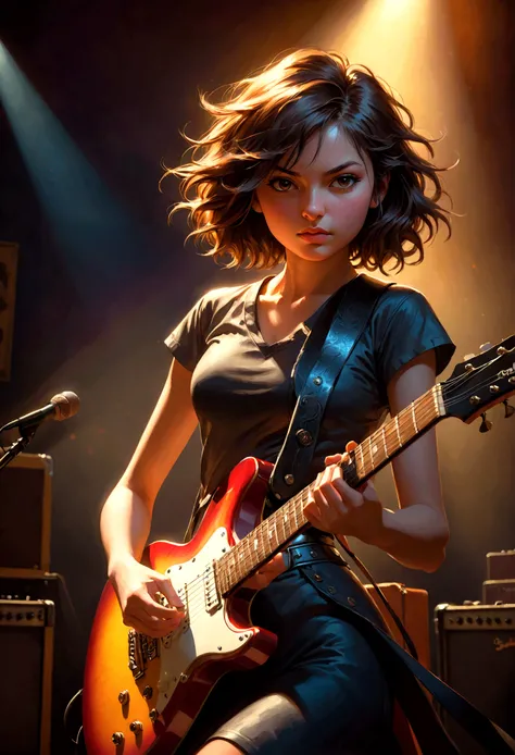 1girl, Guitarist, a guitarist playing an electric guitar, detailed facial features, intricate guitar details, dramatic lighting, moody atmosphere, cinematic composition, oil painting, vibrant colors, dramatic shadows, skilled musician, intense expression, ...