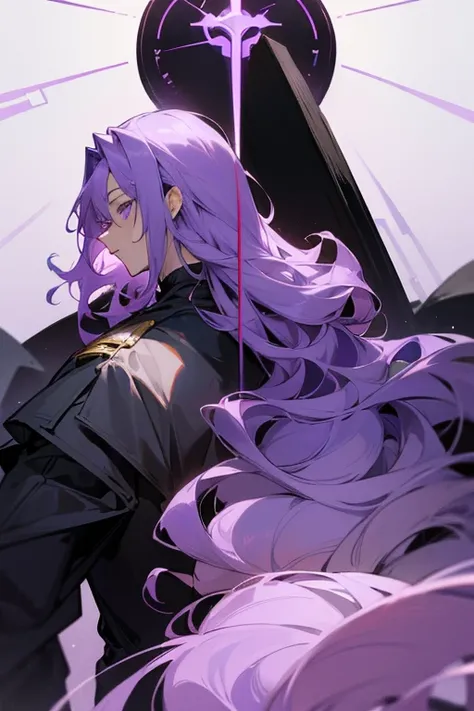 Boy , long curly light purple hair, white and purple eyes, black clothes, A large cross on his back , god