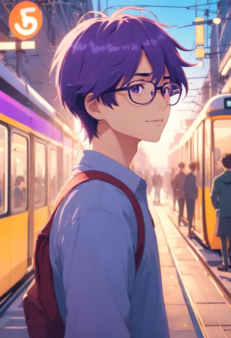 tmasterpiece, beste-Qualit, filmstill, 1 Boy, with purple hair,with glasses on, Waiting for the tram,a closeup of a, The vibrant, a happy, warm soft lighting, morning