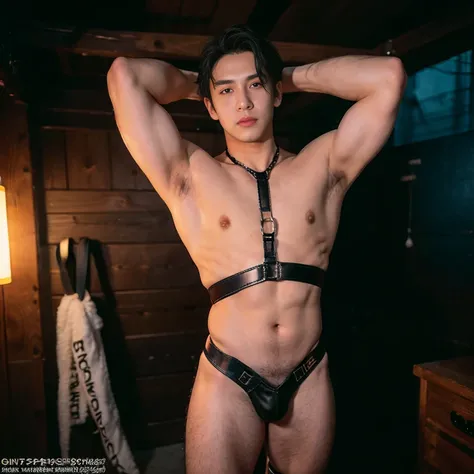 Black hair, Big bulge, very hairy armpits, hairy pubic, hairy crotch, Cute handsome face, In the dirty alley, Zephyr stands bound, WEARING Tiny thong, his wrists encased in supple leather cuffs that accentuate the lines of his forearms. A bondage chest har...