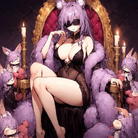 a sexy milf with a blindfold on, has very long purple hair, wearing fur lined sheer robe, breasts, showing cleavage, has fox ears, relaxing on a throne, surrounded by candles and soft multi colored fuzzy plushies