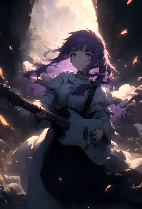 1girl, fern, f3rn, fernfrieren, frieren at the funeral, guitarist, country path, purple hair, long hair, dramatic composition, c...