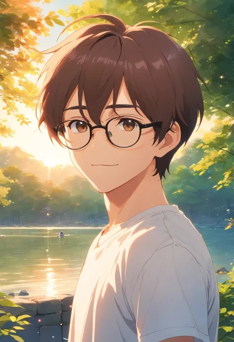 tmasterpiece, beste-Qualit, filmstill, 1 Boy, with brown hair,with glasses on,white t-shirt , giving him in park near a lake,a closeup of a, The vibrant, a happy, warm soft lighting, morning