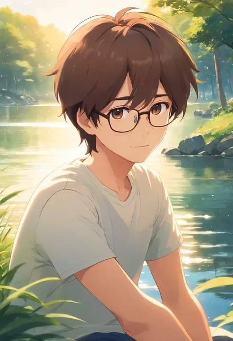 tmasterpiece, beste-Qualit, filmstill, 1 Boy, with brown hair,with glasses on,white t-shirt , giving him in park near a lake,a closeup of a, The vibrant, a happy, warm soft lighting, morning