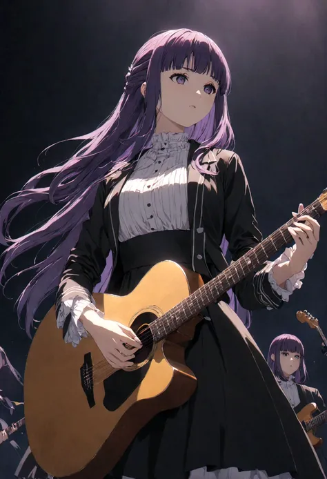 1girl, fern, f3rn, fernfrieren, frieren at the funeral, guitarist, on stage, purple hair, long hair, straight hair, dramatic com...