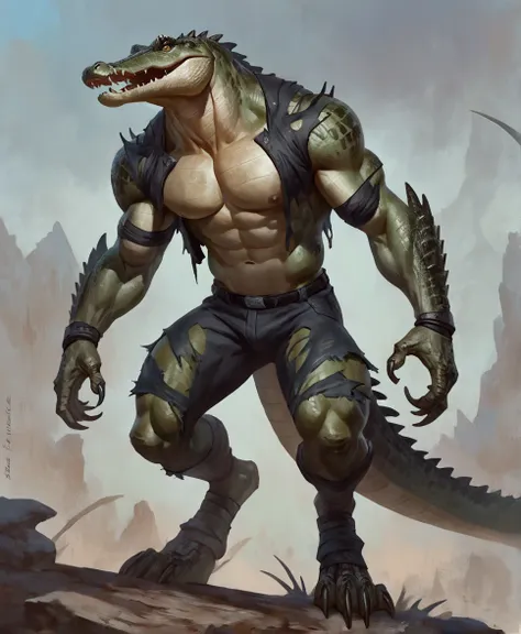 Alligator book style, illustration, solo, abs,, ferocious, masculine body, [[badass pose]], nipples, masterpiece, best art, full body, digitigrade, by taran fiddler, slit, sharp claws, detailed hands, tall, detailed eyes, ((torn clothes))