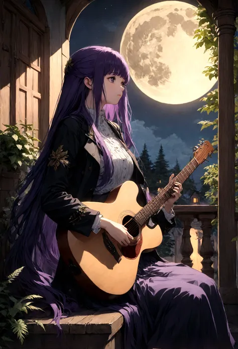 1girl, Fern, f3rn, FernFrieren, Frieren at the Funeral, Guitarist, balcony, moon, purple hair, long hair, straight hair, dramatic composition, cinematic dynamic action scene, vibrant colors, cinematic lighting, dramatic lighting, best quality, masterpiece,...