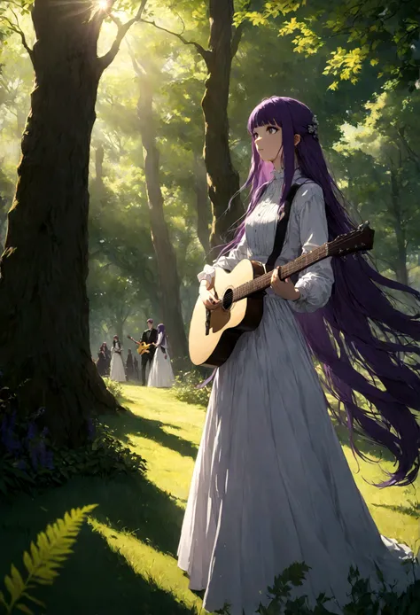 1girl, fern, f3rn, fernfrieren, frieren at the funeral, guitarist, grass, sunlight, purple hair, long hair, straight hair, drama...