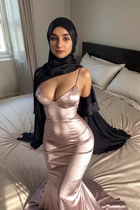  beautiful girl in hijab, perfect fit body,small gorgeous eyes, Soft smile,beutiful face,thick thighs, eye liner, long train dress, perfect shape body,beautifull nose, walk into bed, satin, hijab, clear nipple, full body photo, floor sweep sexy gown, merma...