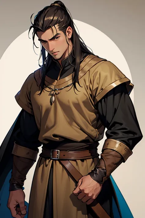 a handsome serious male peasant in medieval times, jet black slick back hair, hazel brown eyes, medieval outfit, tunic