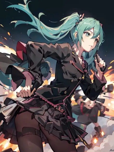 mejor calidad, obra maestra, hatsune miku, (uniforme militar), pistolaatyou, pistola, apuntando al espectador, holding pistola, ...