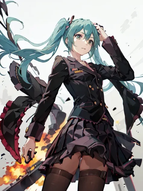 mejor calidad, obra maestra, hatsune miku, (uniforme militar), pistolaatyou, pistola, apuntando al espectador, holding pistola, ...