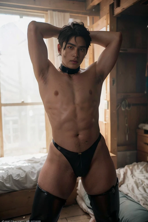 Black hair, Big bulge, very hairy armpits, hairy pubic, hairy crotch, Cute handsome face, In the dirty alley, Zephyr stands bound, WEARING Tiny thong, his wrists encased in supple leather cuffs that accentuate the lines of his forearms. A bondage chest har...