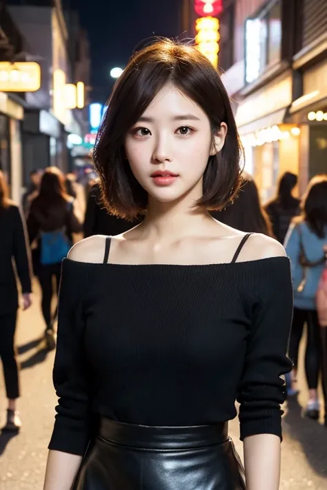 a gorgeous young korean lady with a soft, round face, large expressive eyes, long eyelashes, and delicate facial features, ample bosom, wearing a black top and short skirt, standing on a city street, highly detailed and realistic, 8k, masterpiece, masterfu...