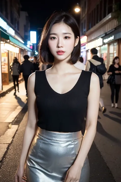 a gorgeous young korean lady with a soft, round face, large expressive eyes, long eyelashes, and delicate facial features, ample bosom, wearing a black top and short skirt, standing on a city street, highly detailed and realistic, 8k, masterpiece, masterfu...