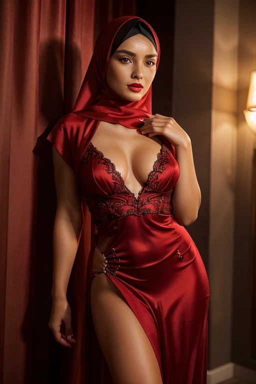 One girl, in an evening glamour red dress, tied in cross, posing sexily, Full-length, half nude, makeup, red lipstick, Ultra detailed face, ultra detailed eyes, ultra detailed clothes, realistic body, beautiful face, intricate details, ultra detailed skin,...