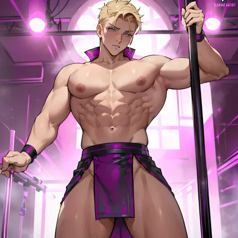 ((a male blond young adult prostitute with huge enormous sagging breasts is dancing in a strip club and squeezing the pole inbet...