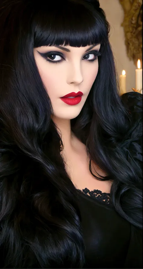 arafed woman with black hair and red lipstick posing for a picture, dark hair and makeup, long raven hair, wonderful dark hair, ...