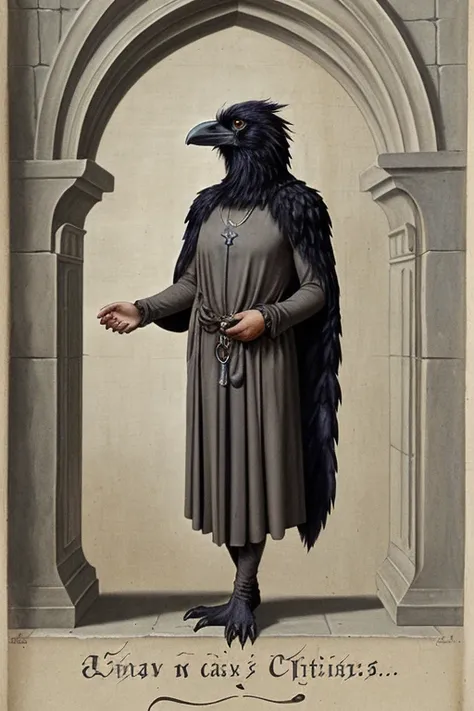 Furry Raven, dressed in a chiton, thin, holding cathars in his hands